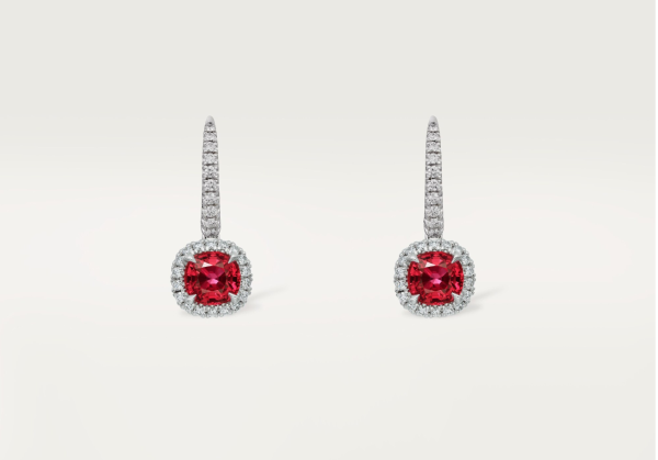 Cartier Destinée sleeper earrings, 2 cushion-cut rubies, paved